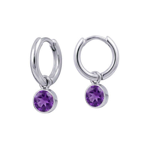 Sterling Silver Huggies With February Birthstone Drop