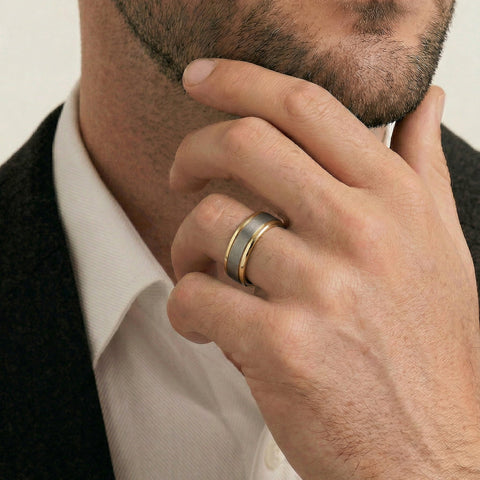 Men's 9ct Yellow Gold & Titanium Brushed Centre Ring - alternate view