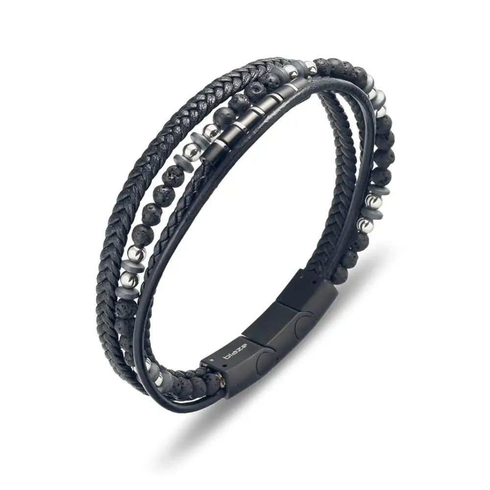 Men’s Black Leather Multi Strand Bracelet With Steel Details