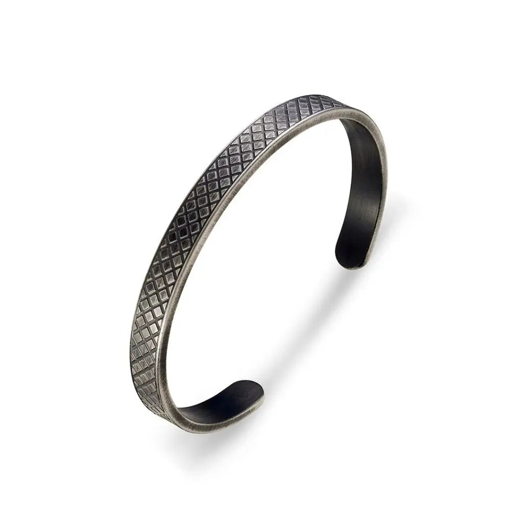 Men's Stainless Steel Cross Hatch Pattern Cuff Bracelet In Antique Black