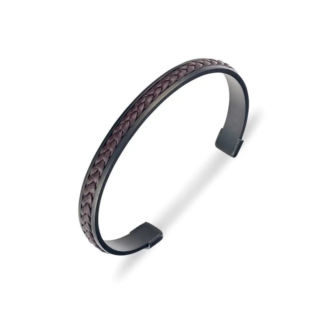 Men’s Black And Brown Stainless Steel Cuff Bracelet With Leather Detail