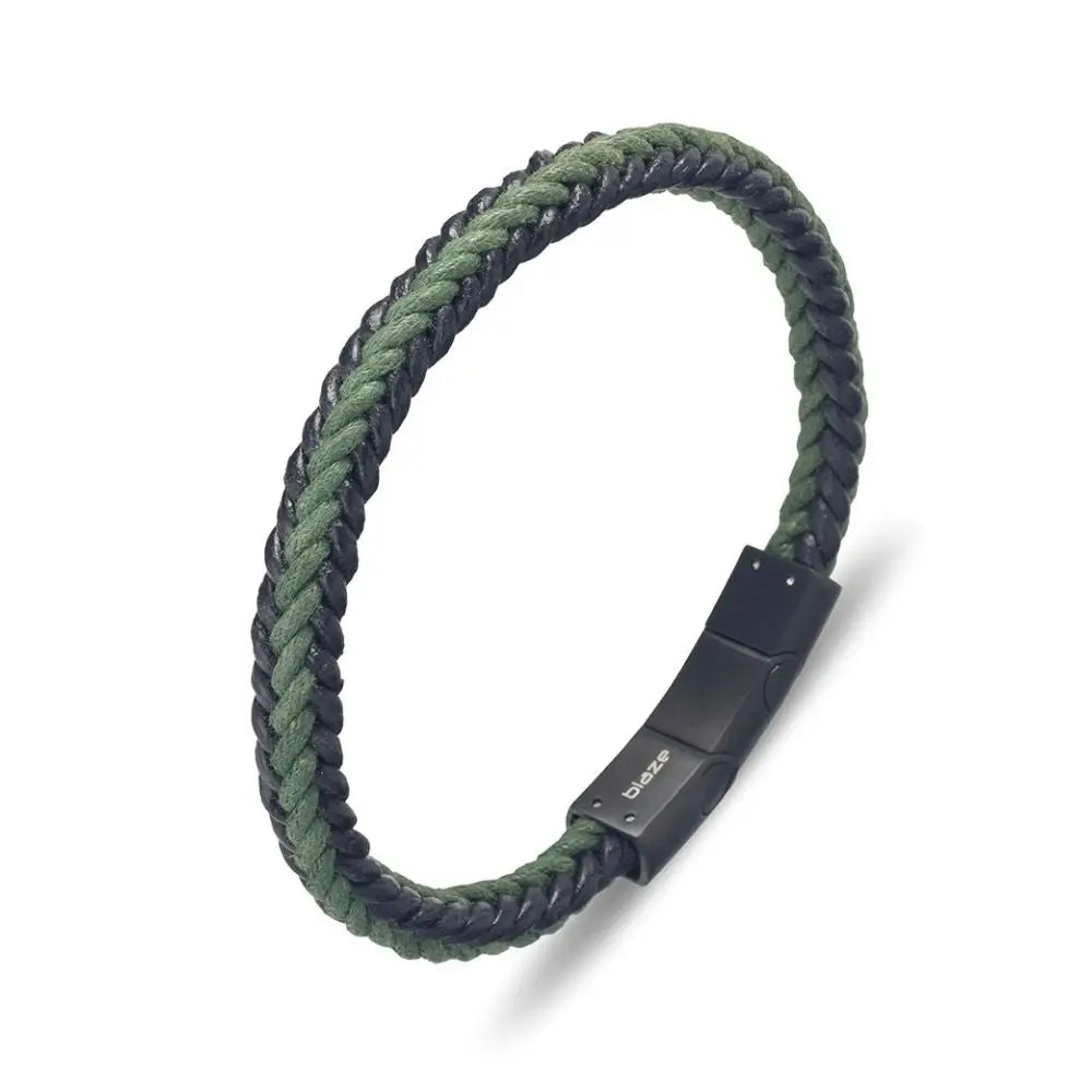 Men's Black And Green Rustic Leather Bracelet