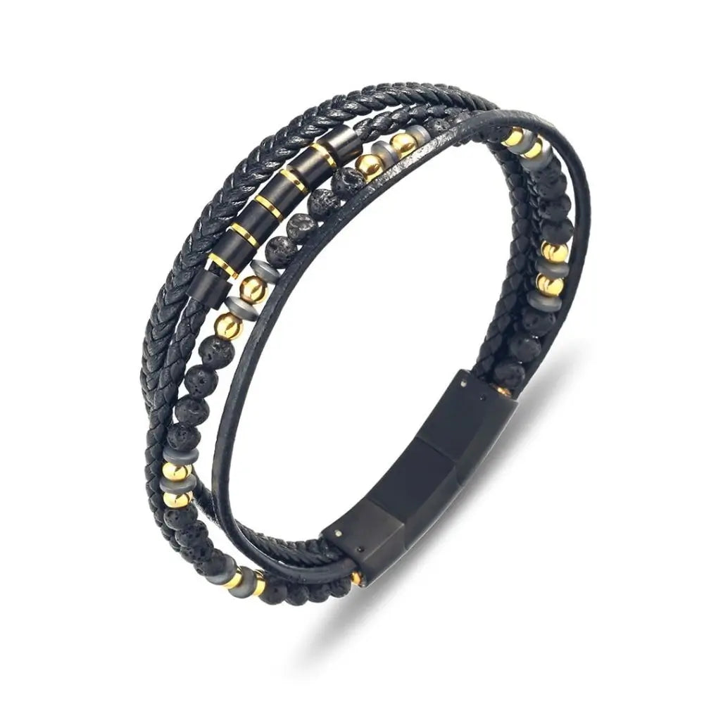 Men’s Black Leather Multi Strand Bracelet With Bead Detail