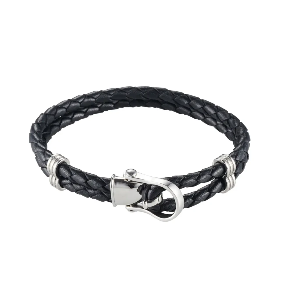 Men's Black Leather & Stainless Steel Buckle Bracelet