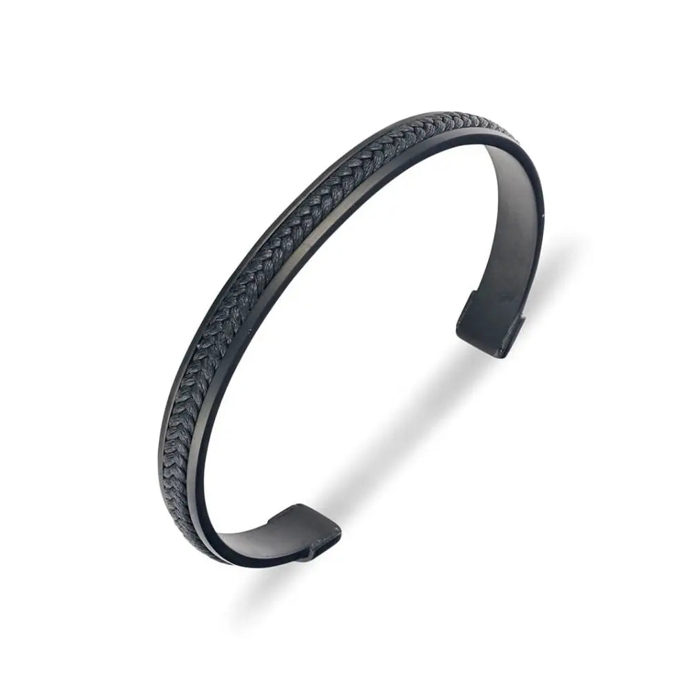 Men’s Black Stainless Steel Cuff  Bracelet With Leather Detail