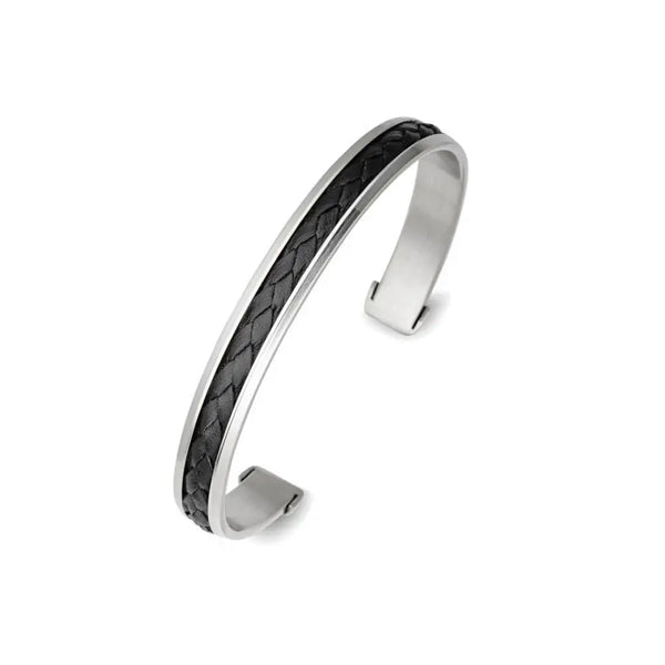 Men's Stainless Steel & Black Woven Leather Cuff Bracelet