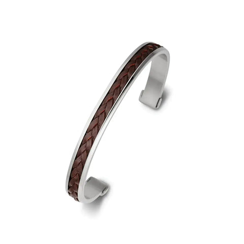 Men’s Stainless Steel Cuff Bracelet With Brown Leather Detail