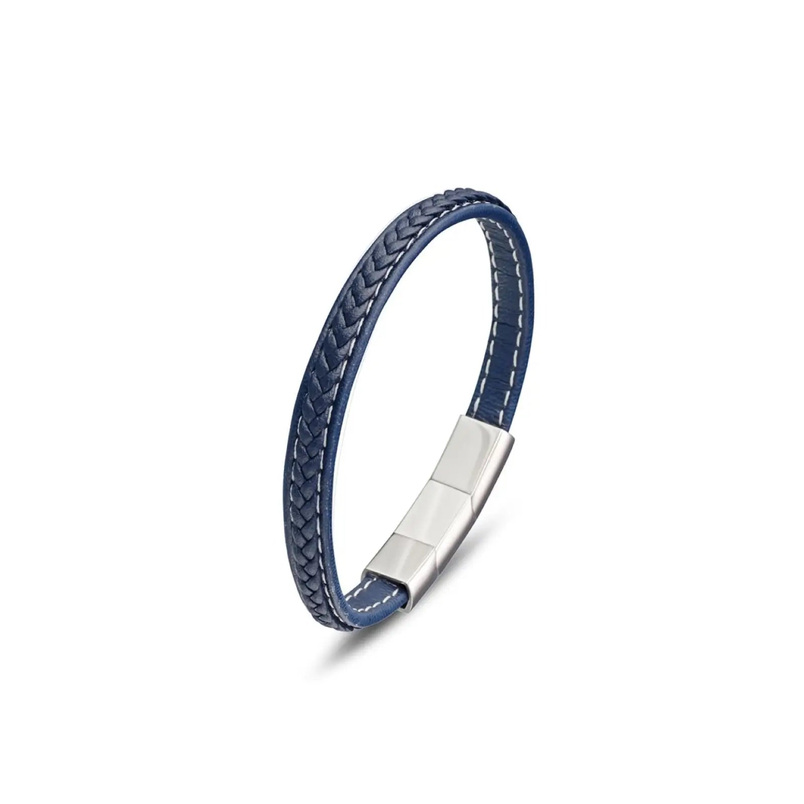 Mens Blue Leather Plaited Bracelet