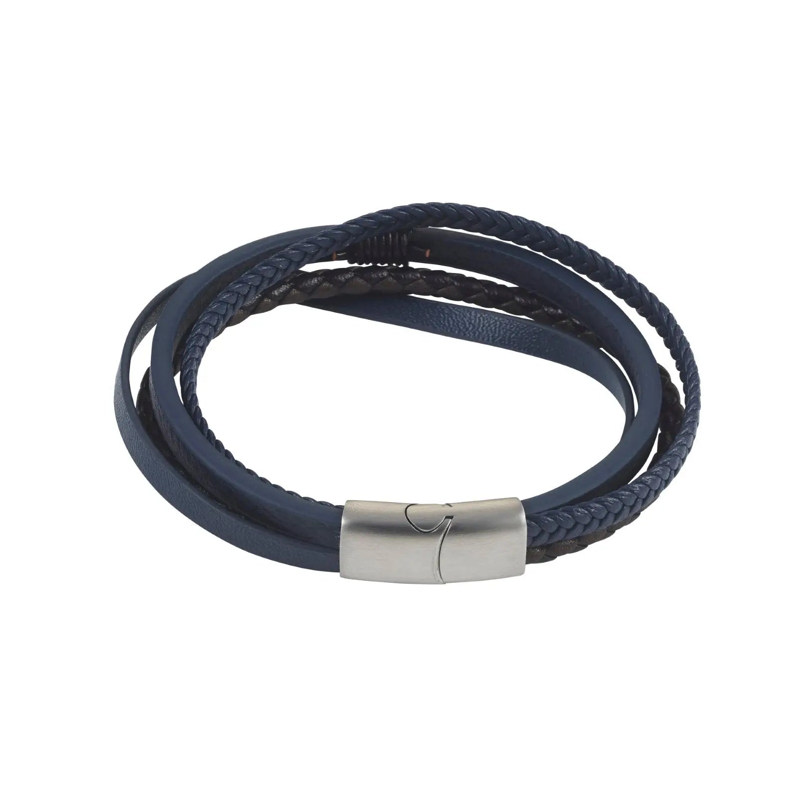 Mens Leather And Stainless Steel Dark Brown/Blue Multi Strand Bracelet