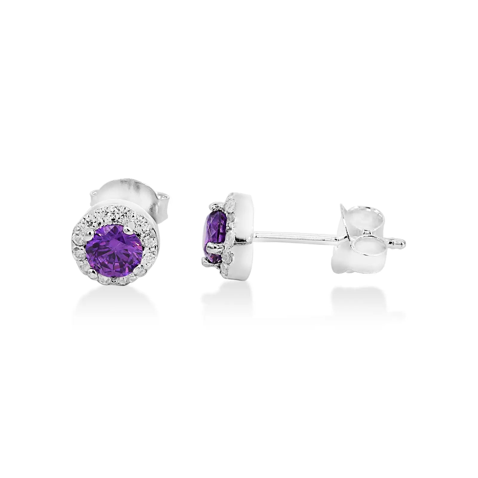 Sterling Silver Amethyst CZ Set Earrings With Clear Halo