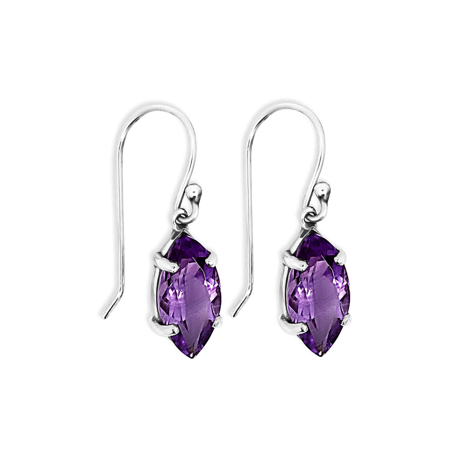 Sterling Silver Amethyst Marquise Claw Set Drop Hook Earrings