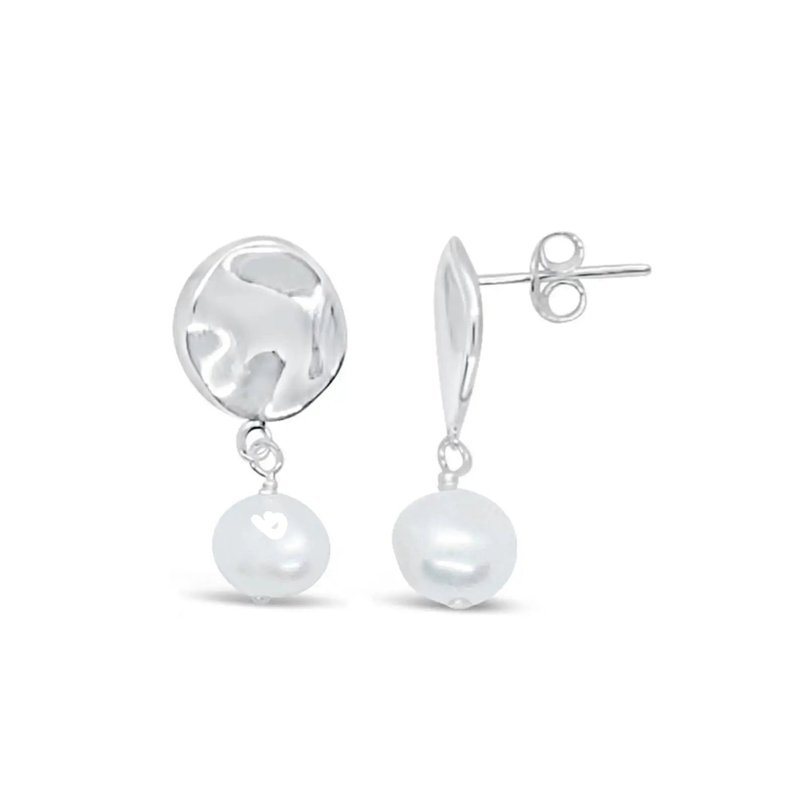 Sterling Silver Beaten Stud Earrings With Freshwater Pearl Drop