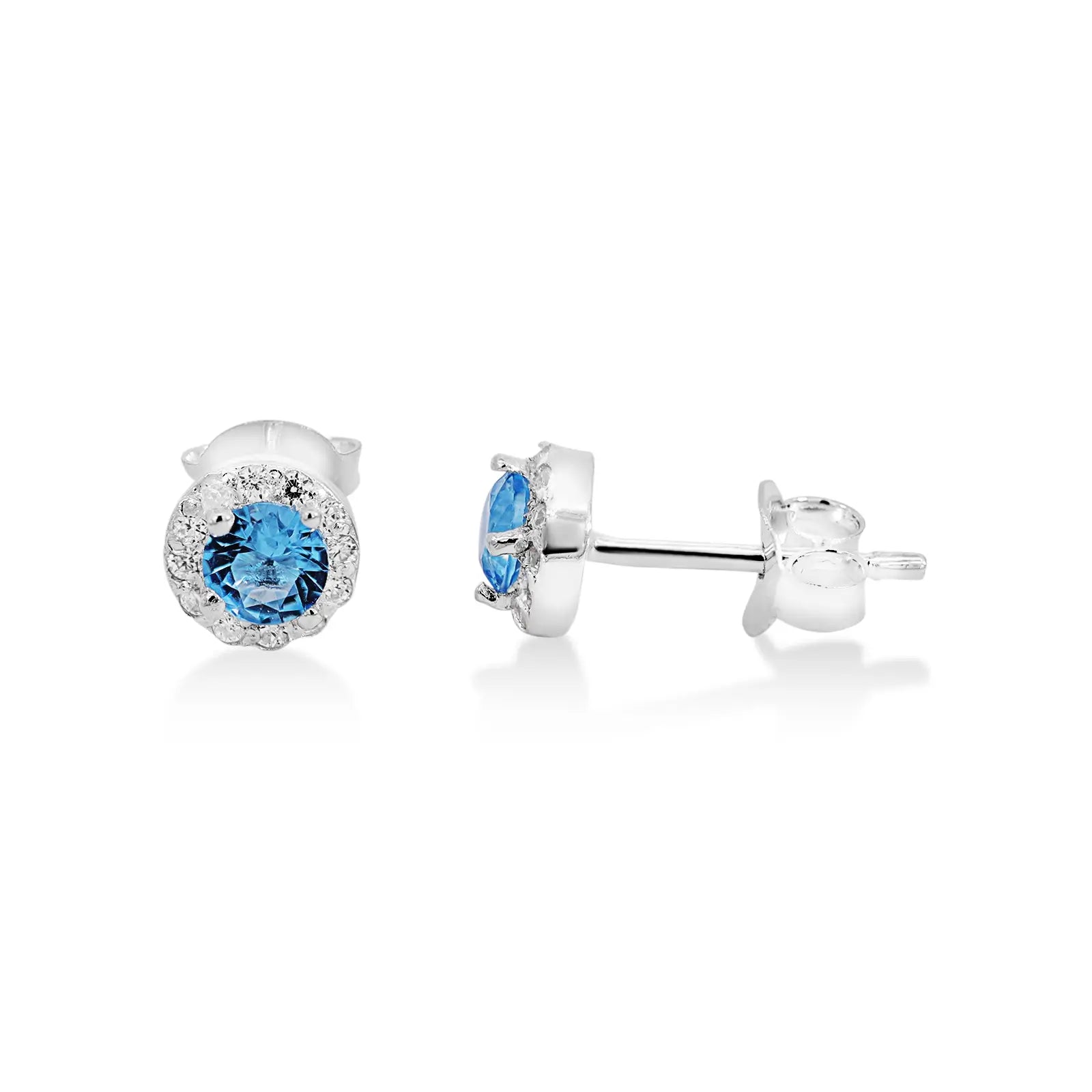 Sterling Silver Blue CZ Set Earrings With Halo