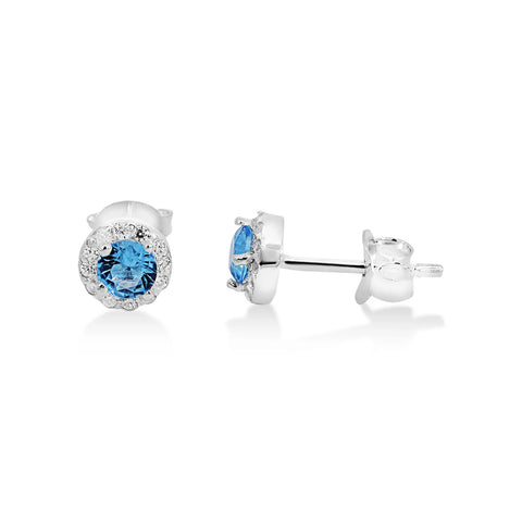 Sterling Silver Blue CZ Set Earrings With Halo
