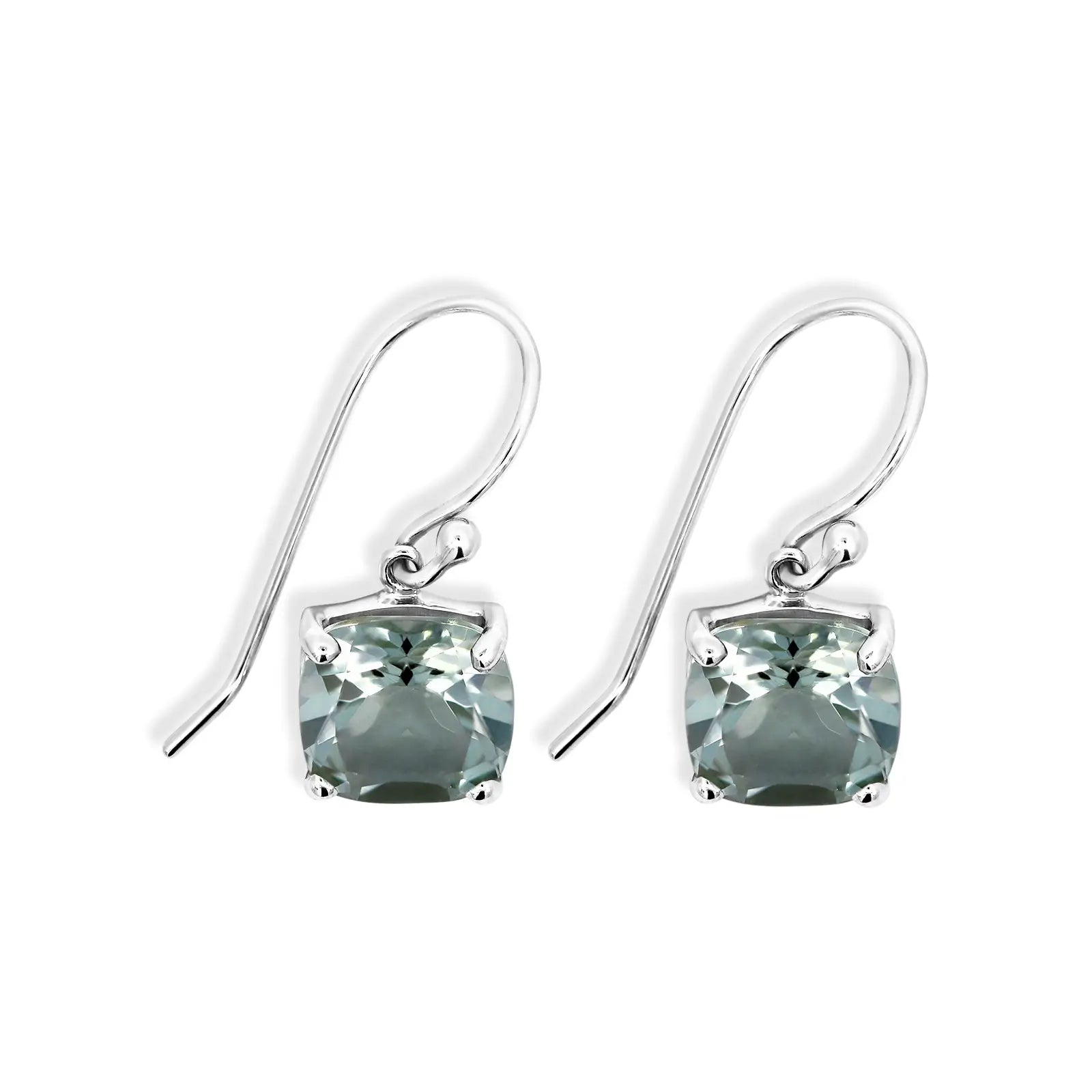 Sterling Silver Cushion Cut Green Amethyst Drop Earrings