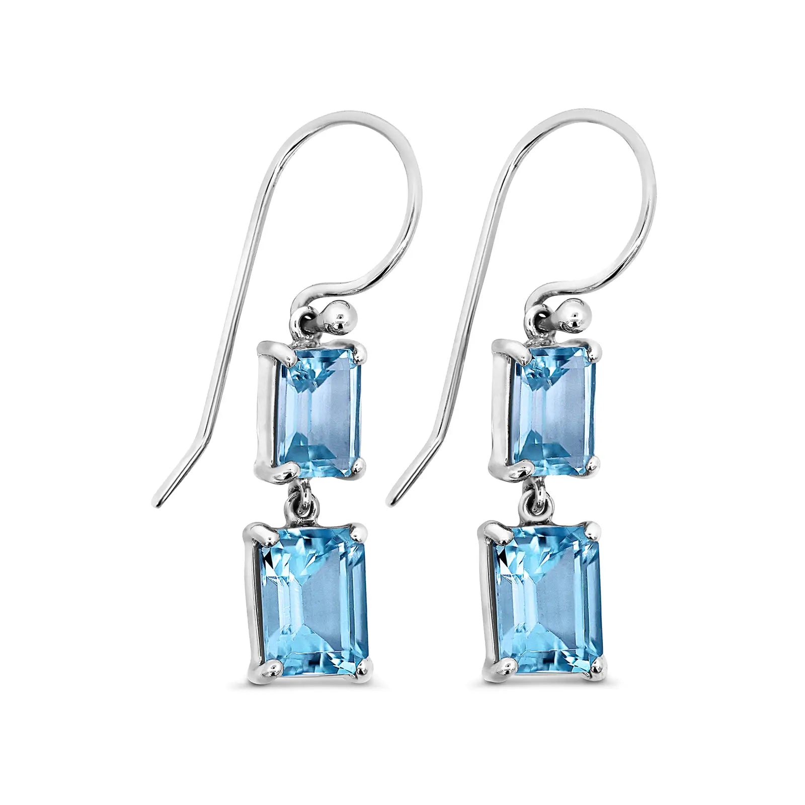 Sterling Silver Double Emerald Cut Blue Topaz Drop Earrings On Sheppard Hook