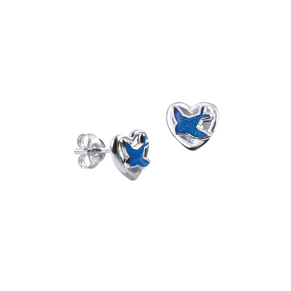 Sterling Silver Heart Stud Earrings Blue Birds