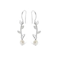Sterling Silver Long Olive Leaf Drop Earrings With Pearl