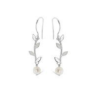 Sterling Silver Long Olive Leaf Drop Earrings With Pearl