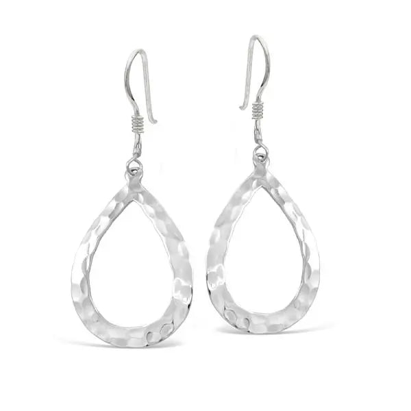 Sterling Silver Open Teardrop Earrings With Beaten Finish