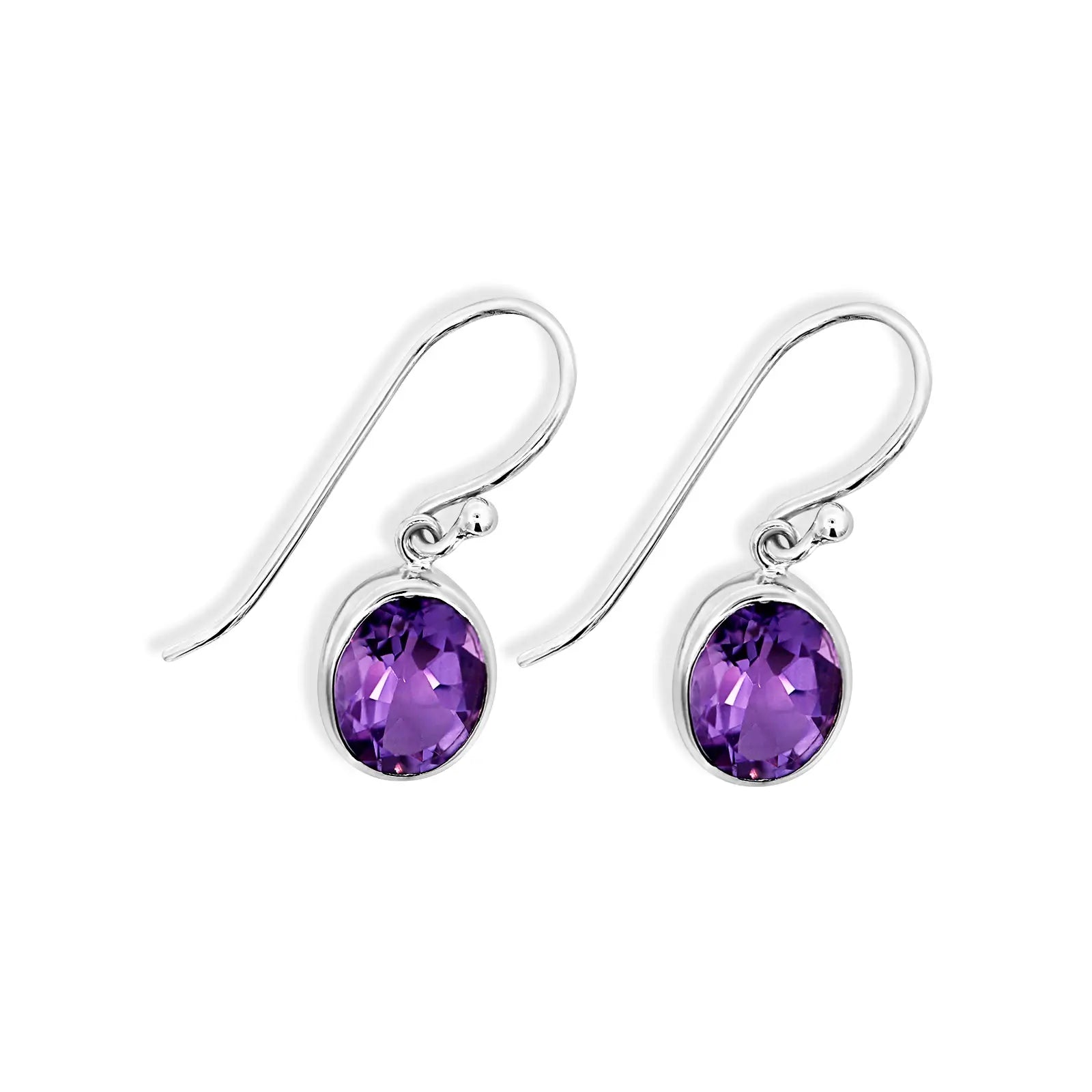 Sterling Silver Oval Amethyst Bezel Set Drop Earrings