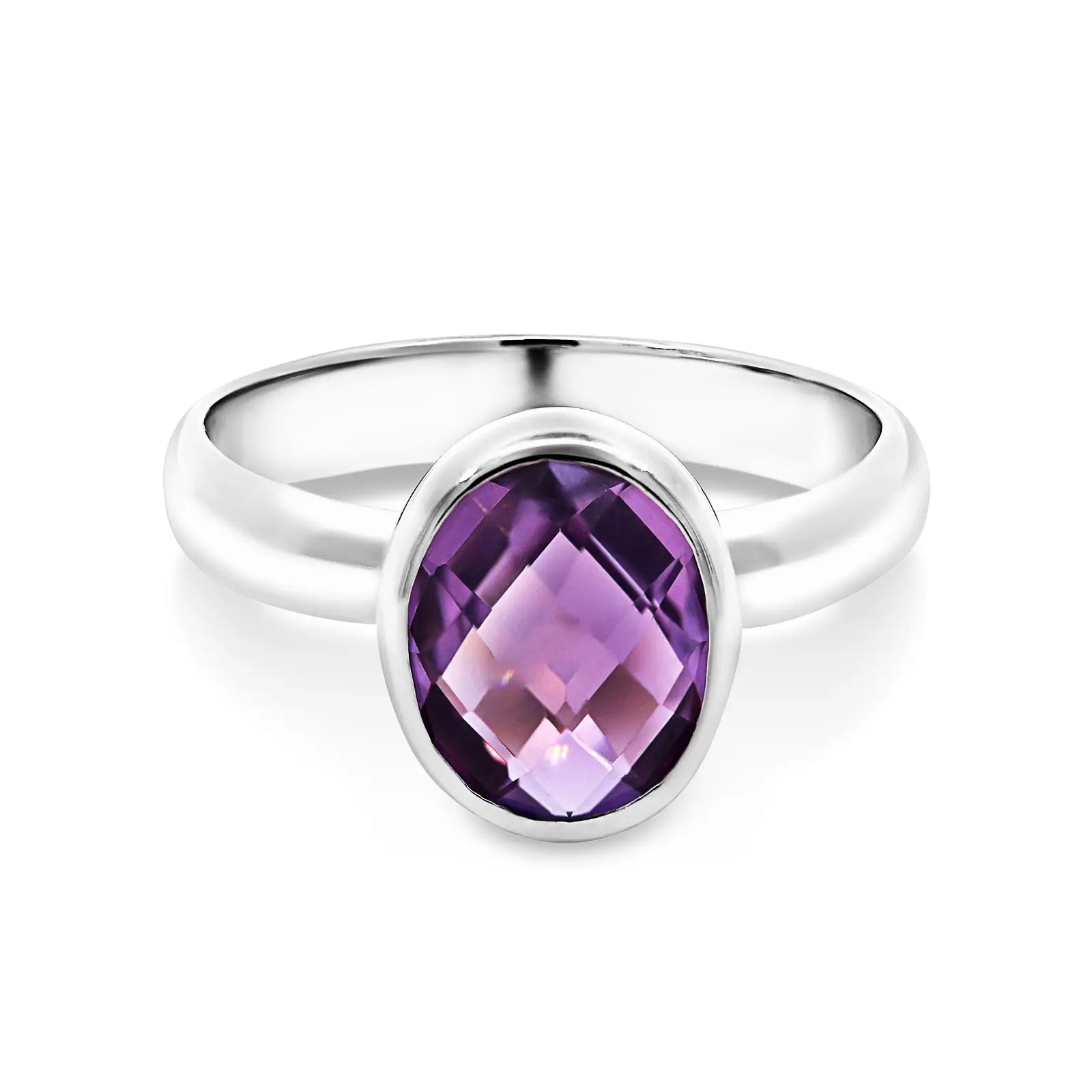 Sterling Silver Oval Amethyst Bezel Set Ring