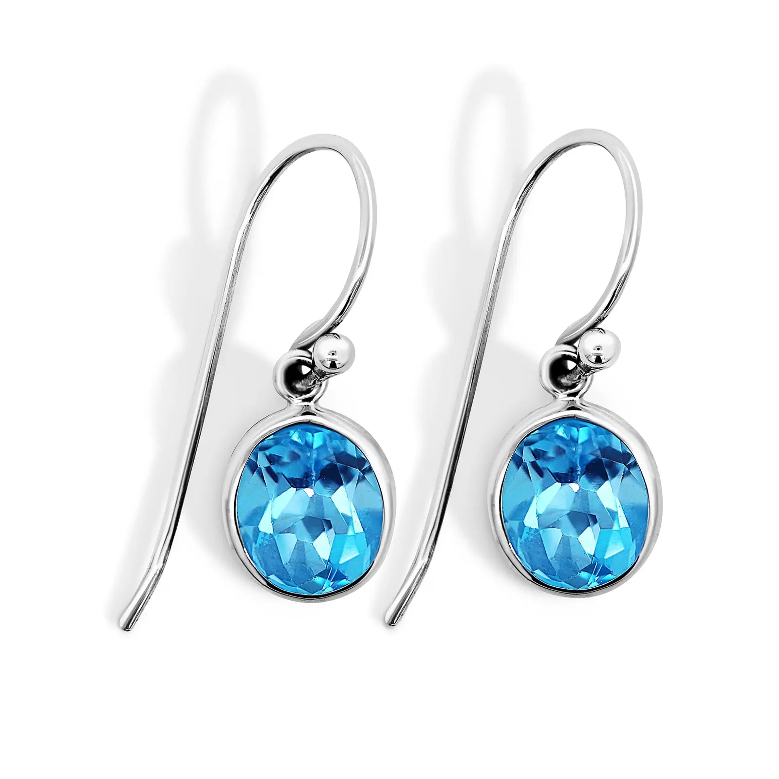 Sterling Silver Oval Blue Topaz Bezel Set Drop Earrings