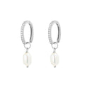 Sterling Silver Oval Cz Huggie Earrings With Freshwater Pearl Drop