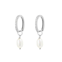 Sterling Silver Oval Cz Huggie Earrings With Freshwater Pearl Drop
