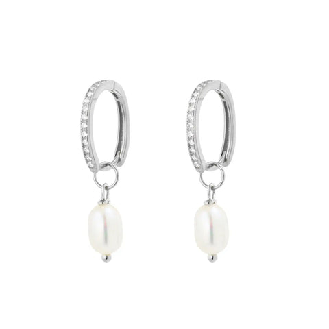 Sterling Silver Oval Cz Huggie Earrings With Freshwater Pearl Drop