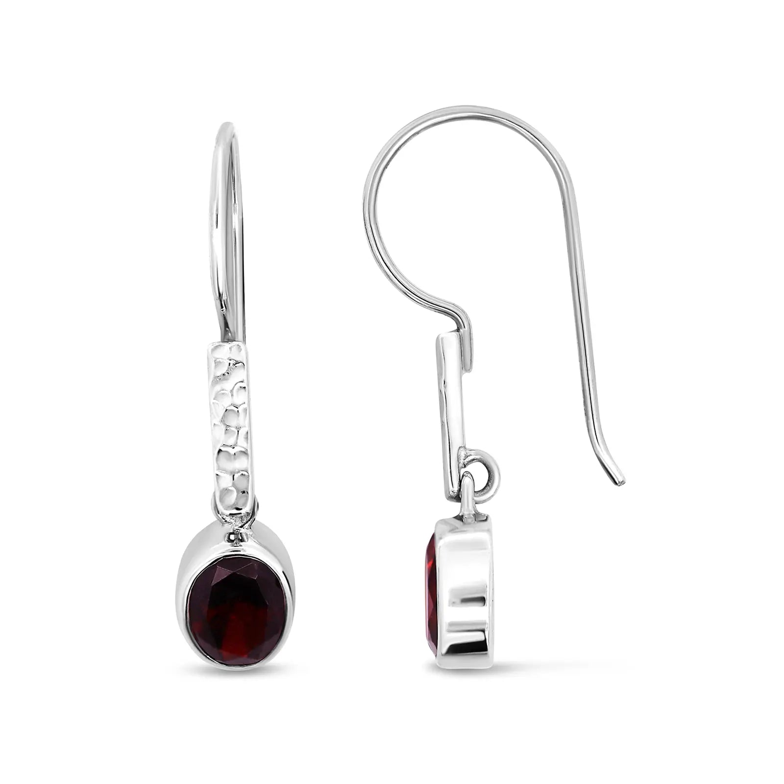 Sterling Silver Oval Garnet Bezel Set With Beaten Bar On Sheppard Hooks