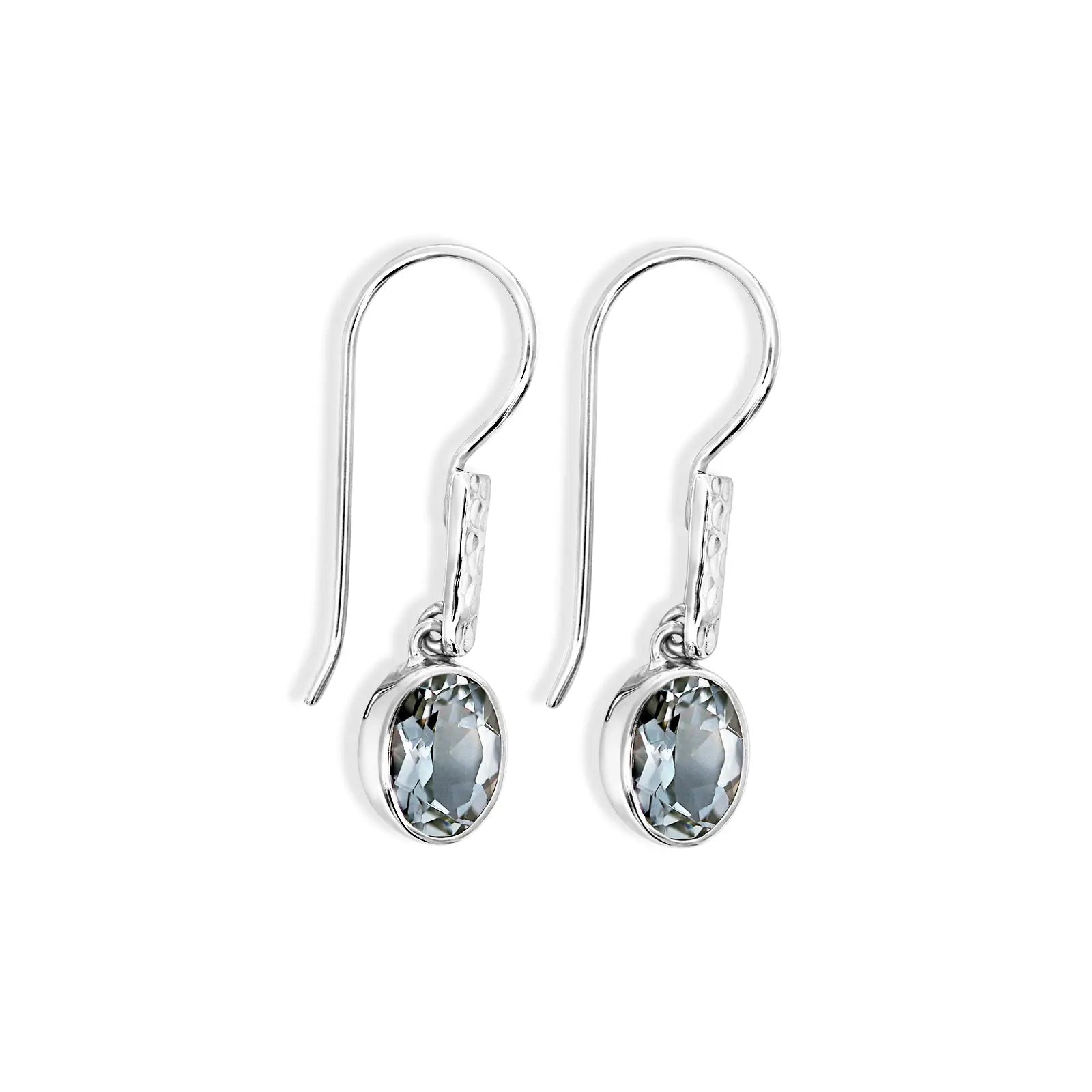 Sterling Silver Oval Green Amethyst Drop Earrings With Hammered Set Bar