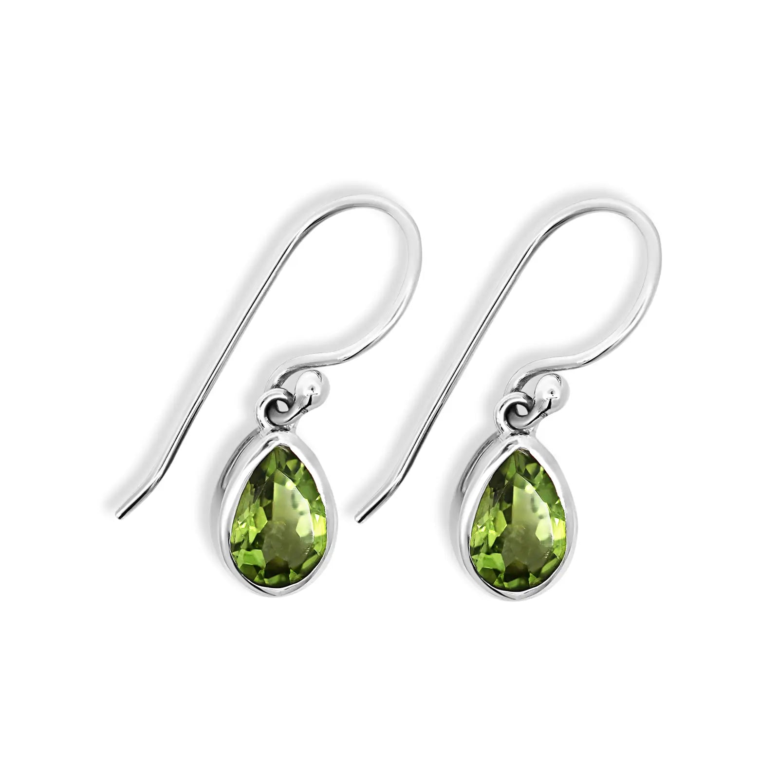 Sterling Silver Pear Shape Peridot Bezel Set Drop Earrings