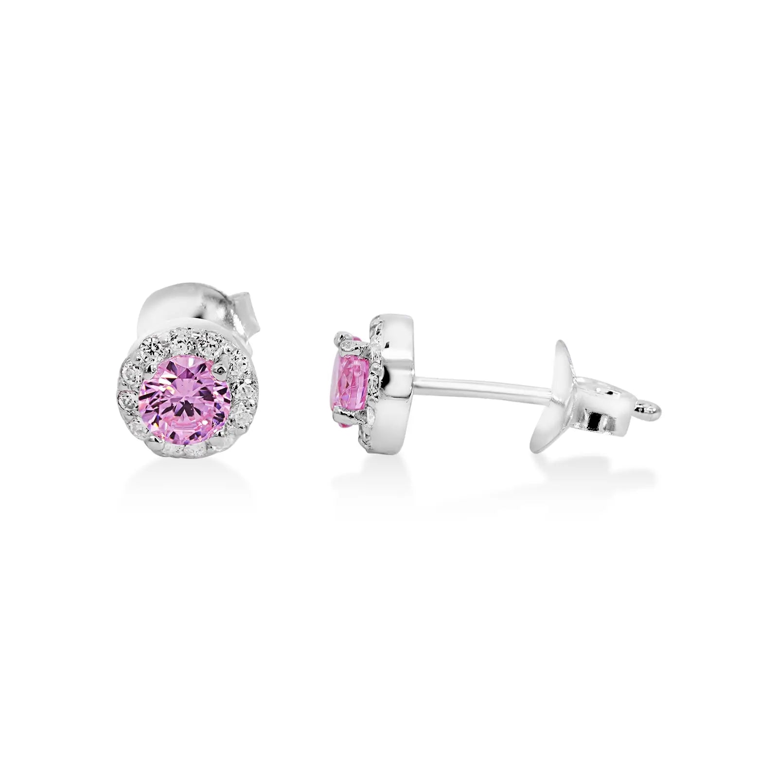 Sterling Silver Pink CZ Earrings With Halo