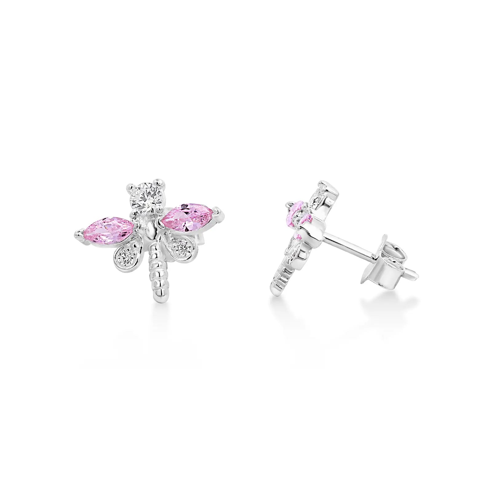 Sterling Silver Pink CZ & CZ Dragonfly Earrings