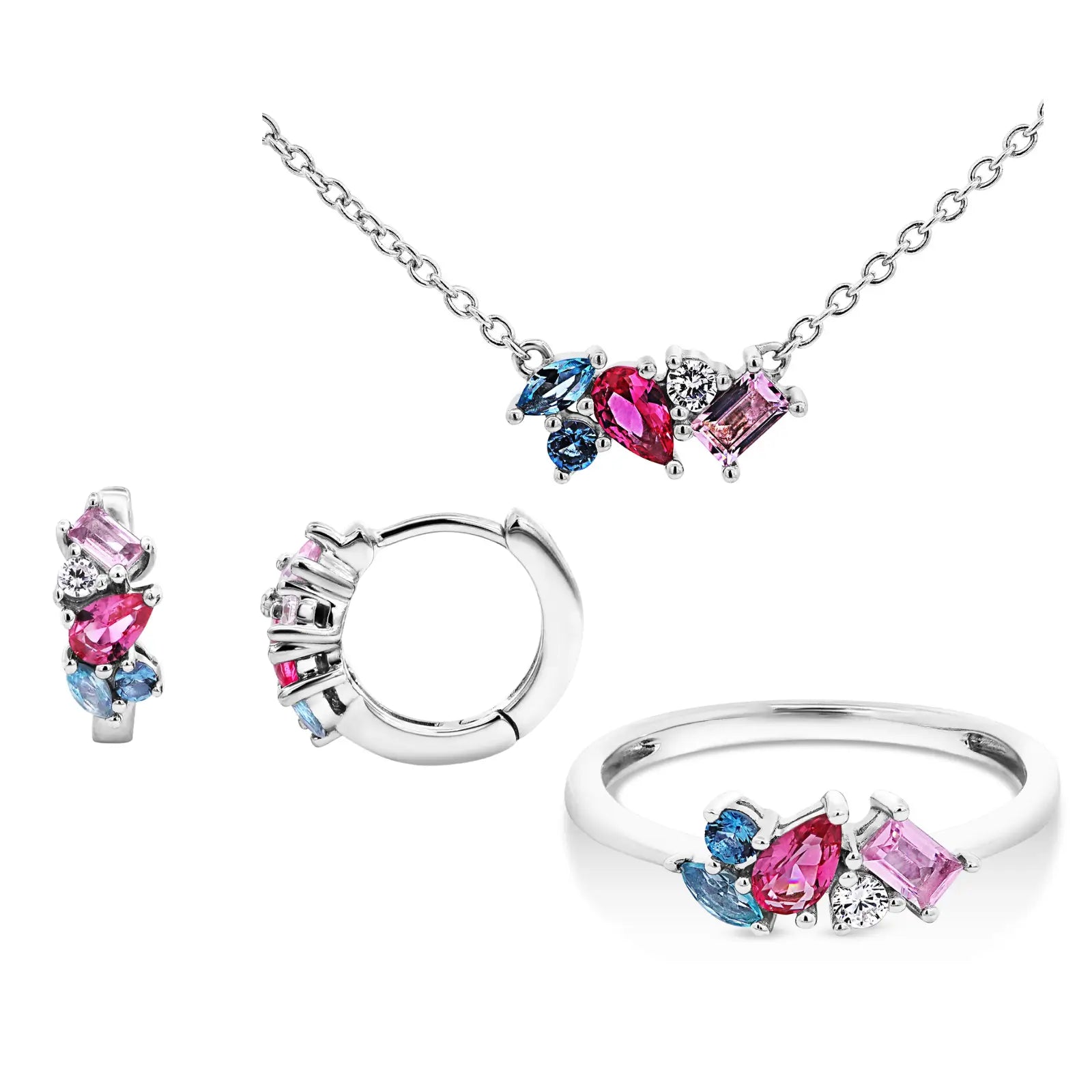 Sterling Silver Pink, White & Blue Cubic Zirconia Bundle