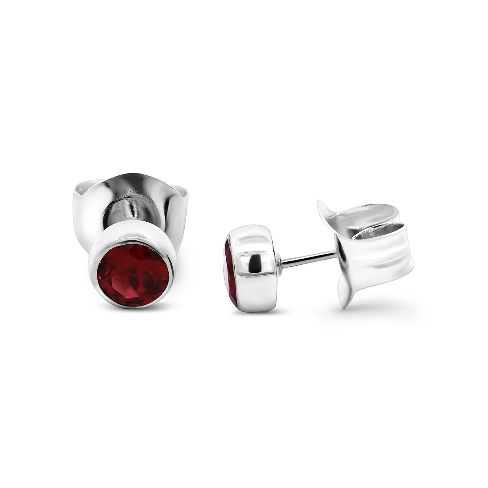 Sterling Silver Round Garnet Bezel Set Stud Earring