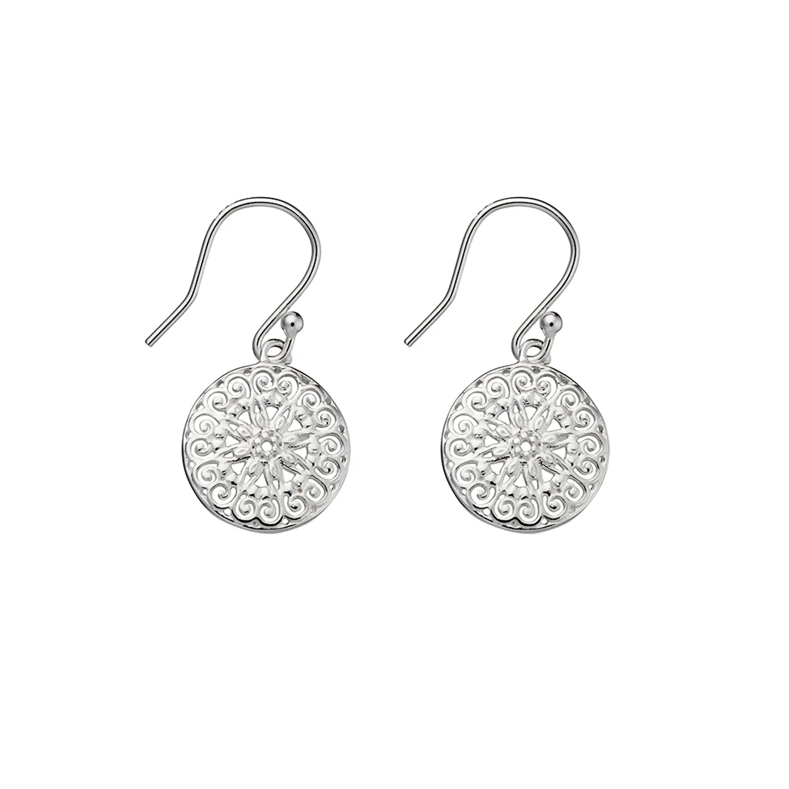 Sterling Silver Round Star And Swirl Patterned Hook Earrings