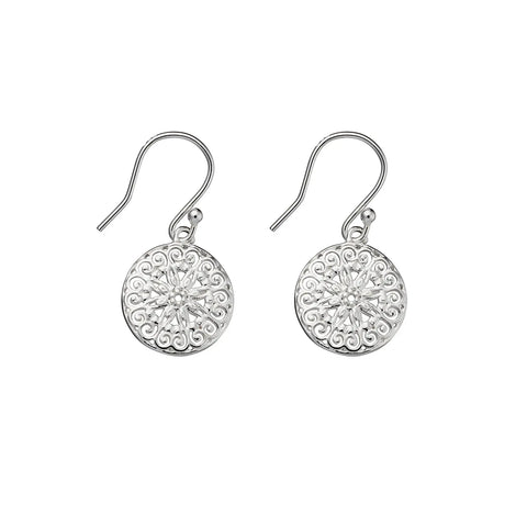 Sterling Silver Round Star And Swirl Patterned Hook Earrings