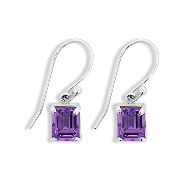 Sterling Silver Square Emerald Cut Amethyst Drop Earrings