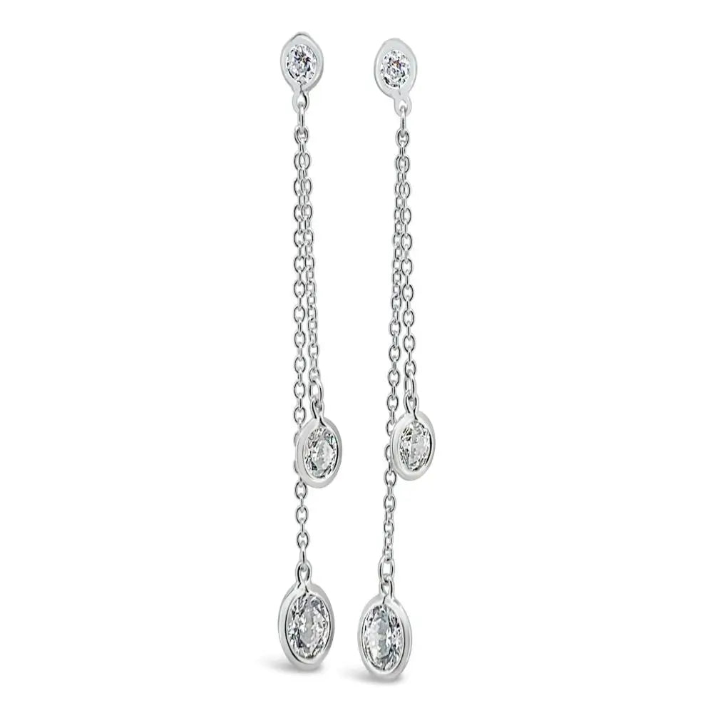 Sterling Silver Three Bezel Set Cz Double Chain Stud Earrings