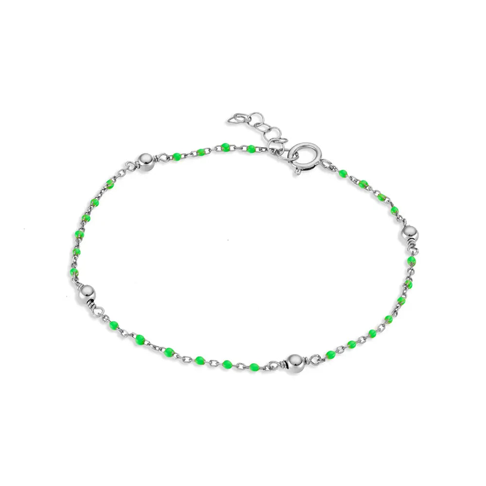 Sterling Silver  Beaded Bracelet With Light Green Enamel Balls