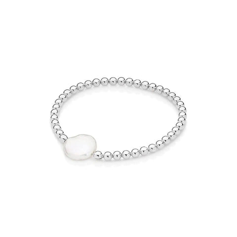 Sterling Silver Elastic 4Mm Ball Bracelet With Pearl