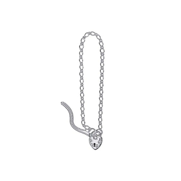 Sterling Silver Oval Figaro Heart Padlock Bracelet