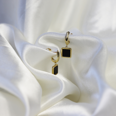 9ct Yellow Gold Stud Earrings With Square Onyx Drop - alternate view