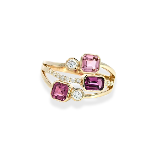 9ct Yellow Gold Rhodolite Garnet, Tourmaline And Diamond Dress Ring