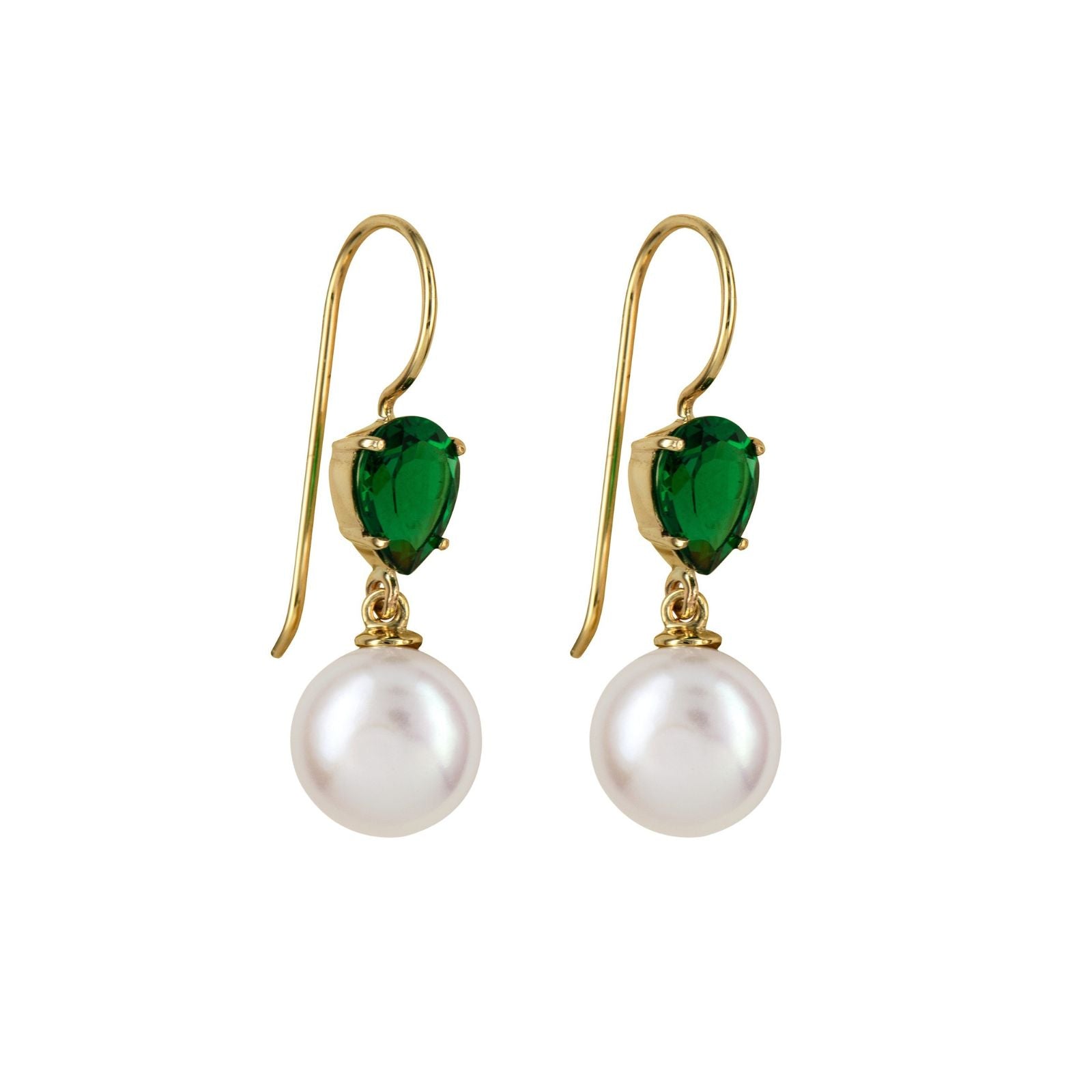 9ct Yellow Gold Freshwater Pearl and Emerald DropEarrings