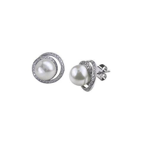 Sterling Silver Pearl And Cubic Zirconia Swirl Studs