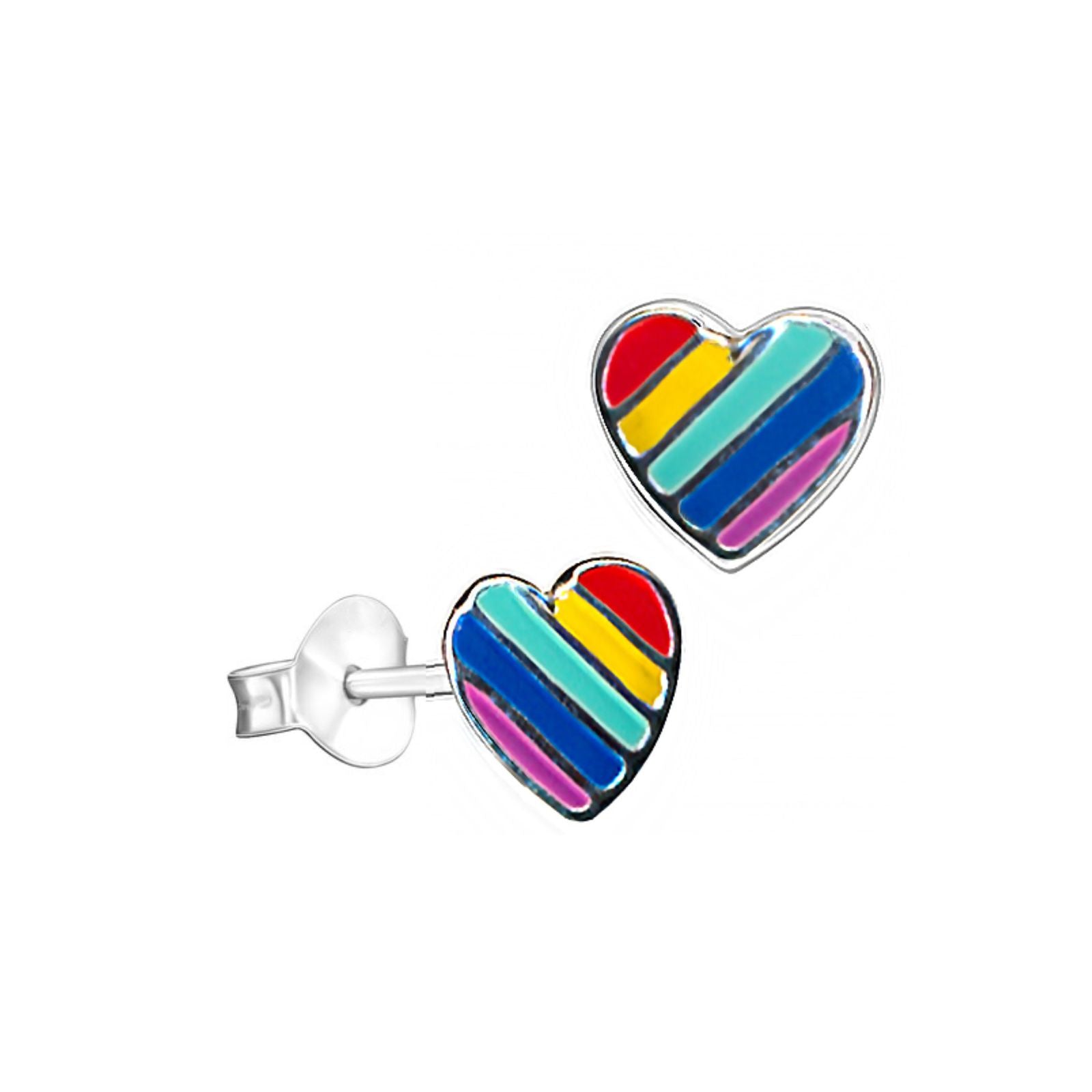 Sterling Silver Rainbow Enamel Heart Stud Earrings