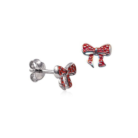 Sterling Silver Red Enamel White Spot Bow Earrings